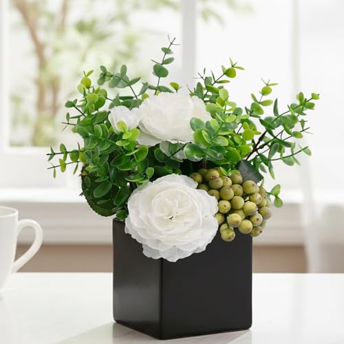 LADADA Artificial Flower Arrangement in Black Vase | White Artificial Rose Flower Arrangement Set, for Floral Centerpiece, Table Decor - color: White+green