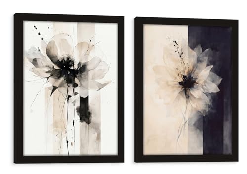 Framed 3D Canvas Abstract Floral Wall Art Modern Minimalist Black And White Flower Print Poster Gallery Style Painting Print For Living Room Bedroom Bathroom Office 16x24 Inch 2-Piece Set - color: Abstract Flowers-2, size: 16x24in