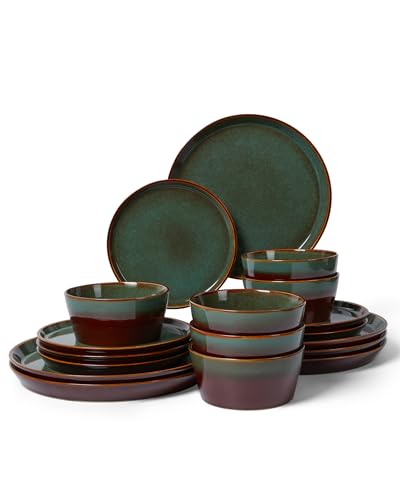 Plates and Bowls Sets for 6, Ceramic Dinnerware Sets, Kitchen Dish Set, Microwave & Dishwasher Safe Dishware, Highly Durable Reactive Glazed Dinner Set, Brown Green - color: Brown Green, size: Service for 6-18Pcs