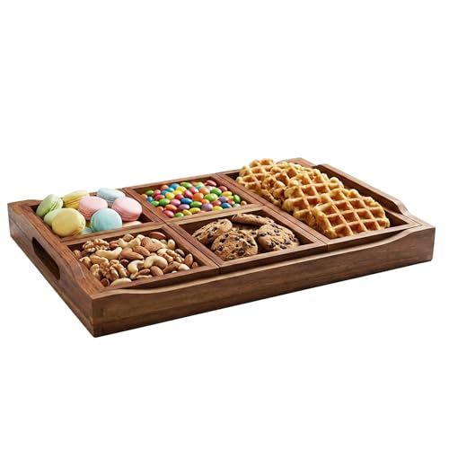 Serving Tray with 5 Removable Snack Boxes,Acacia Wood Snack Tray for Parties and Entertaining, Movie Night, Coffee Table and Charcuterie Serving - color: Acacia Wood-2