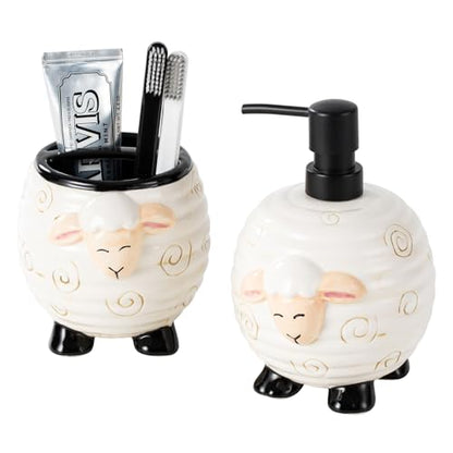 Sheep Bathroom Accessories 2 Piece Set Ceramic Soap Dispenser and Toothbrush Holder for Modern Bathroom Decor, Bathroom Accessory Set
