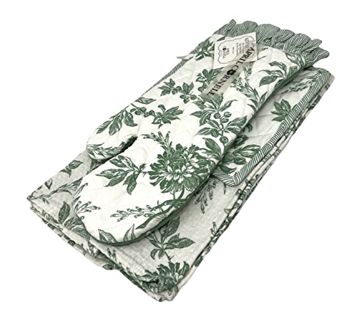 April Cornell 4-Pc. Felicity Green Bunny Floral Toile Kitchen Linen Gift Set | Lovely Floral Toile in Green and White | 100% Cotton
