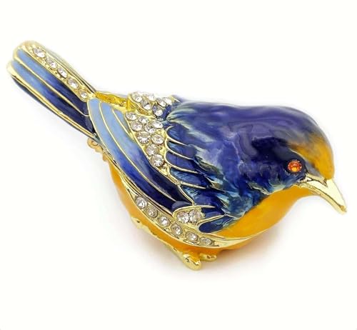 Blue Starling Bird Figurine Hinged Jewelry Trinket Box Gift for Women | enameled with crystals setting Bird Lover Gifts Ring Earrings Storage, Bird home decor - color: Blue-Yellow