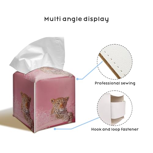 Cute Leopard Pink Bubble Bath PU Leather Tissue Box Cover 5.2 Inch | Pink leopard bubble bath design; 5.2 in PU leather tissue cover for bathroom, bedroom, vanity, office. - color: Pink Leopard