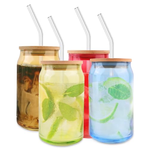 Lily's Home 16oz Glass Tumbler Set with Bamboo Lids and Straws, 4 Pack Multi-Color Glass Cups Drinking Glasses for Smoothies, Iced Tea, Beverages and Iced Coffee Cup with Lids and Straw, Drinking Jars