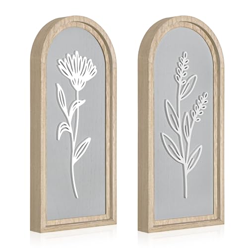 Gray Bathroom Wall Decor Set of 2, Arched 3D Wooden Floral Wall Art Panels | Raised white floral cutouts in arched frames, ready to hang; neutral boho farmhouse decor for bedroom, hallway and entryway - color: Grey-2 Arch