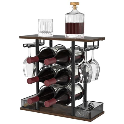 VyGrow Countertop Wine Rack, 3 Tier Wood & Metal Small Wine Rack Up to Hold 6 Bottles and 4 Glasses, Wine Bottle Holder for Home Bar Tabletop Kitchen Cabinet, 6.29" D x 16.14" W x 15.82" H