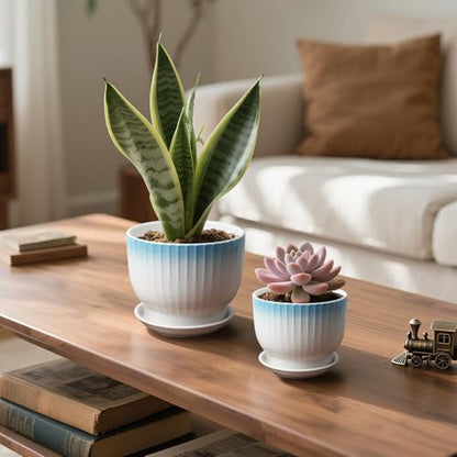 6.7 + 5.5 Inch Ceramic Plant Pots,Planters with Drainage and Saucer,Indoor Pots for Plants,Modern Flower Pots for Home and Office（Blue + White） - color: Blue + White