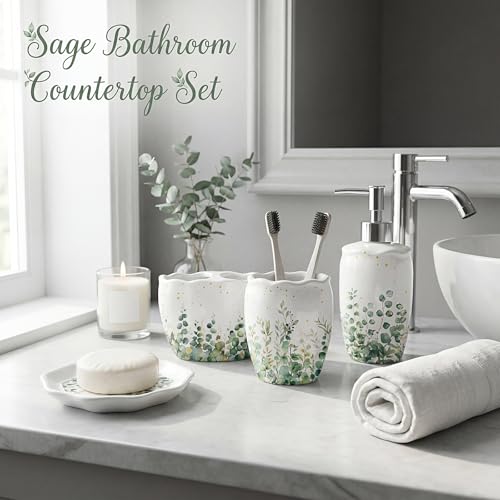 Sage Bathroom Accessories Set 4 Piece, Ceramic Soap Dispenser with Pump, Toothbrush Holder, Tumbler Cup & Soap Dish, Botanical Greenery Countertop Decor, White with Gold Speckles - style: Sage