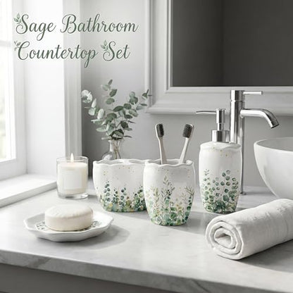 Sage Bathroom Accessories Set 4 Piece, Ceramic Soap Dispenser with Pump, Toothbrush Holder, Tumbler Cup & Soap Dish, Botanical Greenery Countertop Decor, White with Gold Speckles - style: Sage