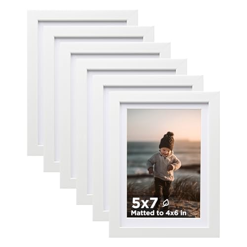 5x7 Picture Frame White Set of 6 Wooden Photo Frames Matted 4x6 | 5 x 7 Picture Frame with Plexiglass Fits 4x6 with Mat or 5x7 without Mat for Table and Wall Display - color: White, size: 5x7