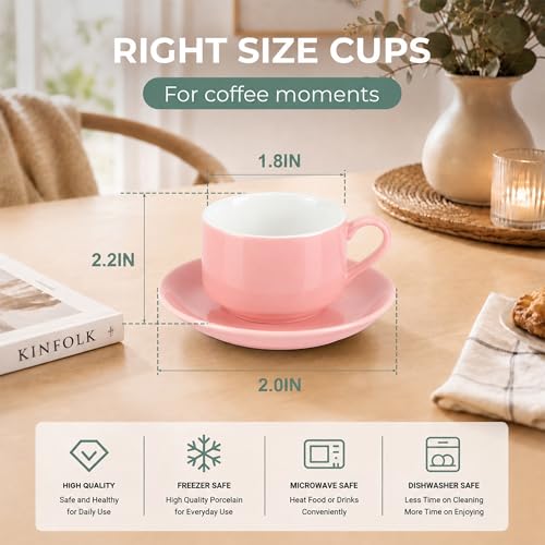 3 Ounce Espresso Cups Set of 4, Pink | Stackable Demitasse Mugs, Includes Display Stand, Cups Saucers, and Spoons, for Machines & Home Use - color: Pink