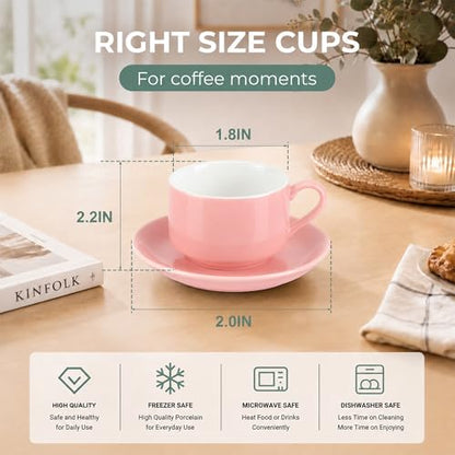 3 Ounce Espresso Cups Set of 4, Pink | Stackable Demitasse Mugs, Includes Display Stand, Cups Saucers, and Spoons, for Machines & Home Use - color: Pink