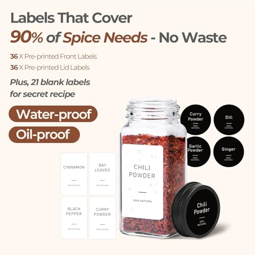 ComSaf 15Pcs 4oz Glass Spice Jars with Shaker Lids, 93 Labels, a Handy Funnel, a Pepper Grinder, Empty Spice Containers and Square Spice Bottles for Kitchen and Seasoning - color: 4oz*15 Metal Lids