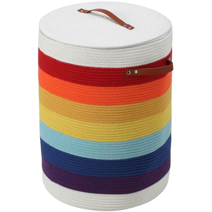 16"x20" Extra Large Cotton Rope Basket with Zipper Lid, Woven Laundry Hamper and Blanket Storage Basket, Round Clothes Bin for Living Room Bedroom, Rainbow & White - color: Rainbow/White