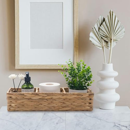 Wicker Bathroom Basket with 3 Compartments, Water Hyacinth Toilet Tank Basket, Woven Storage Box for Bathroom Organizer (16.5 x 5.5 x 3.5 inch) - size: 16.5" x 5.5" x 3.5"