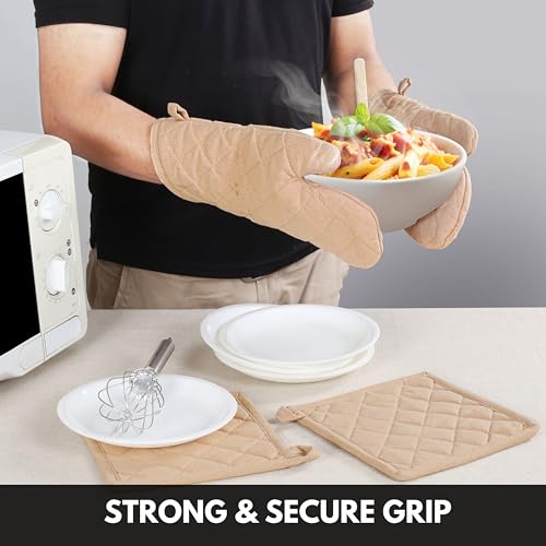 Oven Mitt (7"x13") & Pot Holder (8"x8") 100% Cotton Set of Heat Resistant Oven Gloves & Hot Pads for Gifts, BBQ, Cooking, Baking, Thanksgiving - Beige - color: Beige