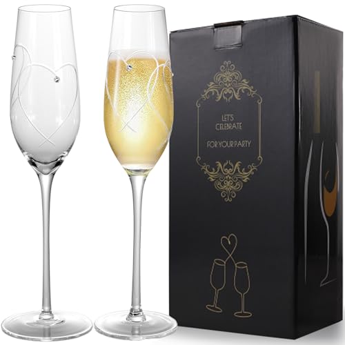 Champagne Glasses, Wedding Champagne Flutes Set of 2 | Mr and Mrs Champagne Flutes, Engraved Love Heart Design Embellished Wedding Champagne Glasses for Bride Shower Gifts