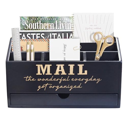 EXQUIDECA Wooden Black Rustic Countertop Mail Storage Holder with Drawer and Compartments - Office Desk Accessories and Workspace Organizers - Desktop Sorter for Pen Stationery Letter Files Documents - color: Black storage box