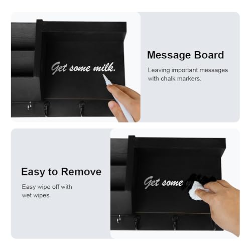 Key Holder for Wall Decorative, Wooden Mail Holder Wall Mount Organizer, Key and Mail Rack Key Hooks with Chalkboard and 2pcs White Pens for Home Entryway Hallway Doorway(Black)