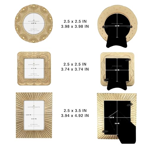 Classic Gold 1920s Mini Frame Set/Set of 3/2.5x2.5 & 2.5x3.5 In | For Tabletop Display | Perfect for Home Decor, Wedding, Graduation, Or Milestone Photos