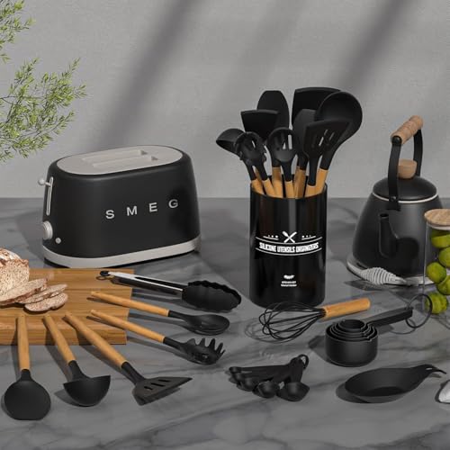 Kitchen Utensils Set- 34PCS Silicone Cooking Utensil with Holder, Umite Chef Heat Resistant Kitchen Spatula Set for Nonstick Cookware, Black Wooden Handles Kitchen Gadgets Tools Set - color: Black