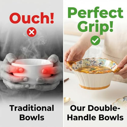 Floral Ceramic Soup Bowls with Handles Set of 2, 20 oz, 7.5 Inch | Floral soup bowls with handles for soup, chili, cereal and baked dishes; wide mouth, oven, microwave and dishwasher safe.