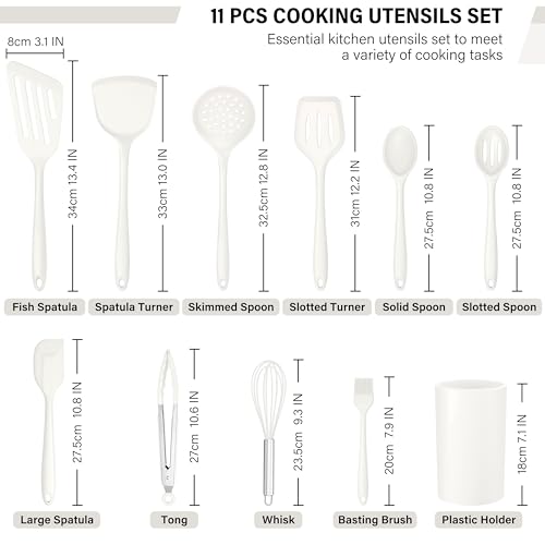 HaWare 11 PCS Silicone Cooking Utensils Set, Heat Resistant Kitchen Utensils with Holder, Food-grade Spatula Sets for Nonstick Cookware, Kitchen Tools Gadgets Include Fish Turner, Spoon (White) - color: White
