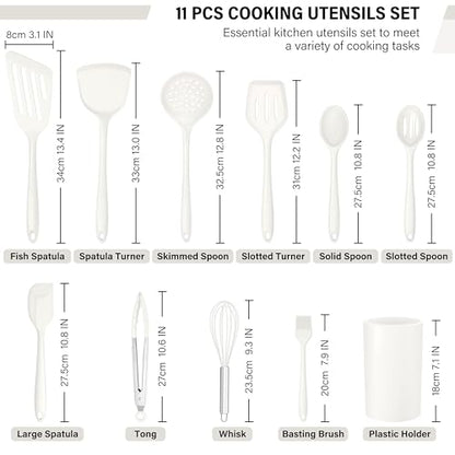 HaWare 11 PCS Silicone Cooking Utensils Set, Heat Resistant Kitchen Utensils with Holder, Food-grade Spatula Sets for Nonstick Cookware, Kitchen Tools Gadgets Include Fish Turner, Spoon (White) - color: White