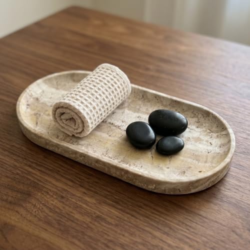 YKAJO Onyx Travertine Oval Marble Tray, 11.8x5.9 Vanity Perfume Organizer | Honed natural stone; jewelry & trinket dish, ring & key holder, soap & candle catchall; bath counter, dresser, coffee table - color: Onyx Travertine, size: 11.8" x 5.9" x 0.6"