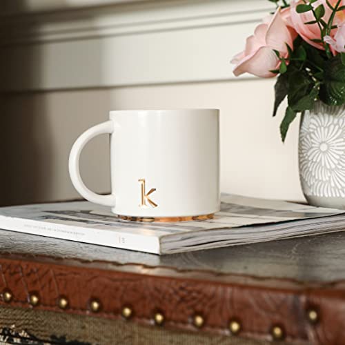 COLLECTIVE HOME Ceramic Coffee Mug, 15 oz Monogram Cup with Gift Box(K) | Dishwasher Safe, Engraved Gold Letter , Personalized Housewarming Birthday Present, Christmas Thanksgiving Mothers Day Gifts - color: gold-k