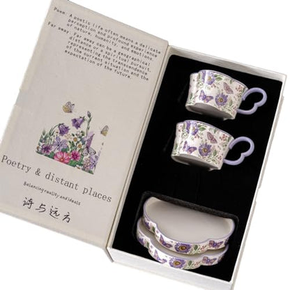 Ceramic Tea Cup and Saucer Set with Butterfly Floral Design, Purple, for Home and Office Use, Poetry & Distant Places Collection, 2-Cup Set with Gift Box