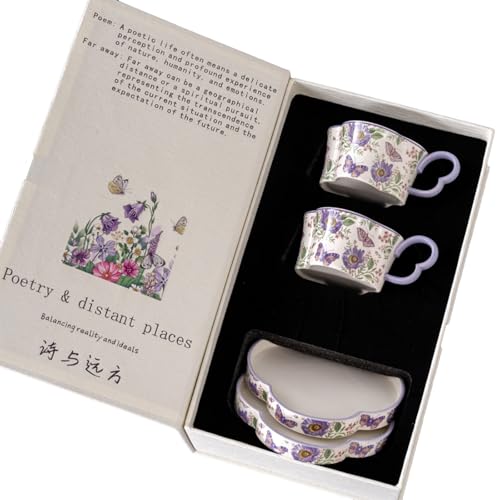Ceramic Tea Cup and Saucer Set with Butterfly Floral Design, Purple, for Home and Office Use, Poetry & Distant Places Collection, 2-Cup Set with Gift Box