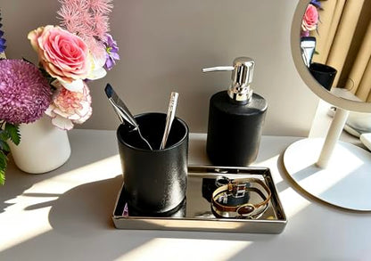 Bathroom Soap Dispenser Set with Tray 3-Piece Countertop Organizer （Black） | Countertop Organizer, With Tray, Pump Dispenser and Cup Black patterned ceramic products - color: Black Texture