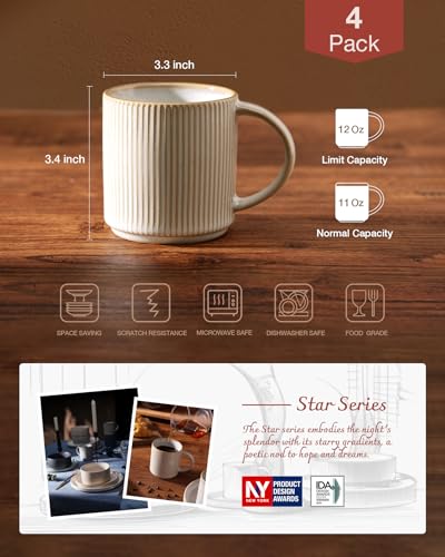 famiware Coffee Mug Set of 4, Star 12 oz Ceramic Mugs Cups Set with Handle | Stoneware Stackable Catering Cup for Coffee, Tea, Cappuccino, Latte, Microwave & Dishwasher Safe, Cappuccino White - color: Star-Cappuccino White, size: 4 Count (Pack of 1)
