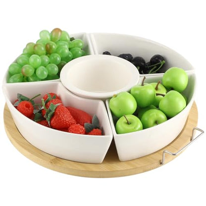 Taco Bar Serving Set for a Party, Veggie Tray Platter with Lid, Ceramic Lazy Susan Serving Tray with Divided Sections, Wooden Lids and Metal Handles, 360 Rotating Serving Set for Fruits Vegetable Dip