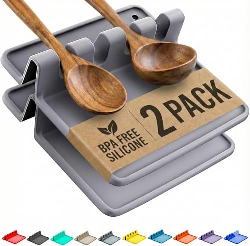 Cooler Kitchen Gray Silicone Spoon Rest for Stove Top with Drip Pad (2 Pack) - Heat Resistant BPA Free Utensil Rest & Kitchen Spoon Holder for Kitchen Counter - Grill Countertop - Spatula Holder - color: Slate Gray, size: Medium - 2 Packs