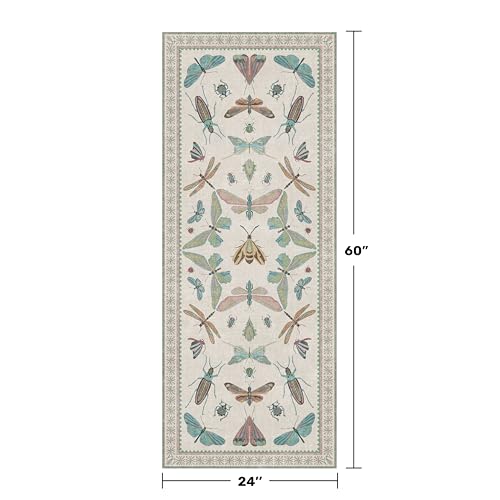 Washable Non Slip Bathroom Runner Rug 2x5, Insect Boho Bath Mat, Stain Resistant Low Pile Butterfly Insect Print Rugs for Laundry Room, Powder Room, Beige Green - color: Beige Green, size: 2' x 5' (Runner)