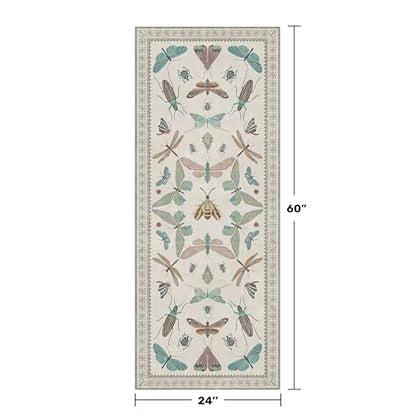 Washable Non Slip Bathroom Runner Rug 2x5, Insect Boho Bath Mat, Stain Resistant Low Pile Butterfly Insect Print Rugs for Laundry Room, Powder Room, Beige Green - color: Beige Green, size: 2' x 5' (Runner)