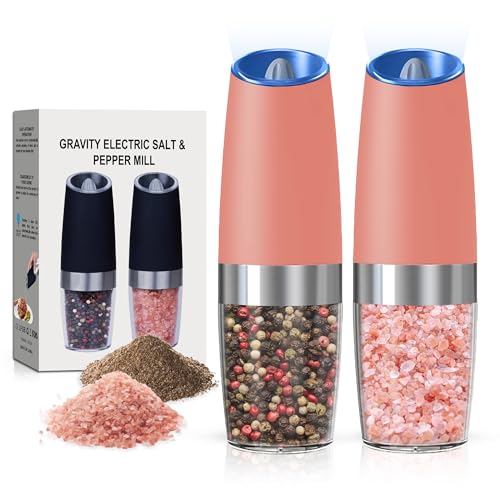 Battery Operated Salt And Pepper Grinder Set 2 Pack (Pink) | Gravity-Activated Automatic Grinder With Led Light & Adjustable Coarseness, Each Uses 6 Aaa Batteries,Kitchen Daily Seasoning - color: Battery/2pcs/Pink