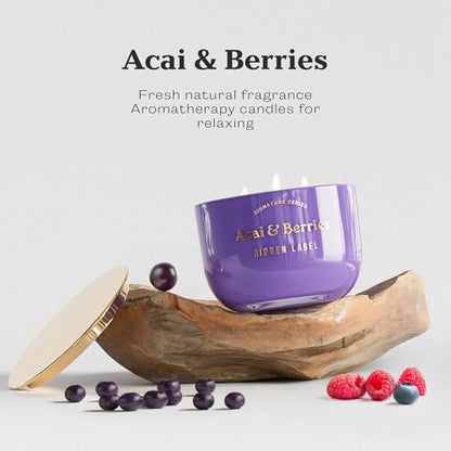 Hidden Label Acai Berries Candle, 18oz Soy 3-Wick, 70H Aromatherapy | Purple Gradient Decor | Triple Cotton Even Melt | Non Toxic Plant Wax | Mood Boost Energy | Gift Ready Gold Lid - color: Acai & Berries