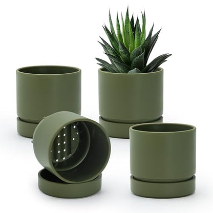 Phoenix Vine 4 Inch Planter Pot with Drainage Hole & Saucer, Deep Water Catch Tray, Straight Cylindrical Round Pot for Plants, Olive, Pack of 4, 23-D-R-4 - color: Olive, size: 4" (4 Pack)
