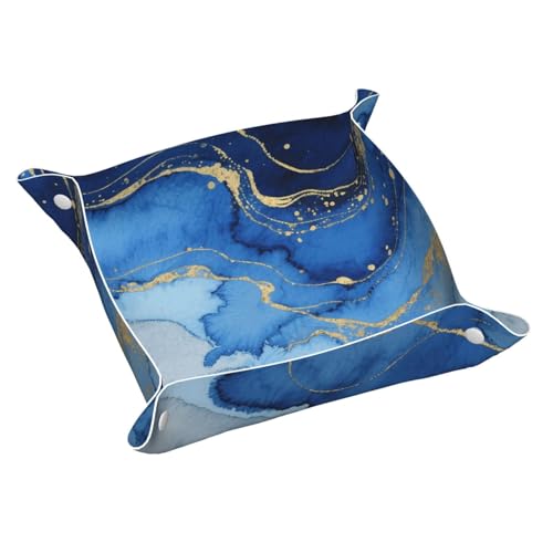 Leather Jewelry Valet Tray for Women Men, Portable Travel Catchall Tray Organizer Dish Plate Abstract Blue Marble Watercolor Bedside Vanity Tray Nightstand Caddy Holder for Wallet, Key, Coin - size: Medium