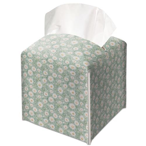 Daisy Sage Floral Decorative Leather Tissue Box Cover - Tissue Box Holder Gifts for Women Family and Friends Funny Unique Home Decor Decorative for Kids Room Kitchen Bathroom Office - A08 - color: Daisy Sage Floral