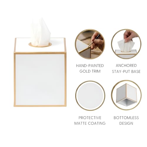 Jaye's Studio White Tissue Box Cover, Square Metal Gold Cube for Bathroom | Matte Hand-Painted Finish, Fits Facial Holders, Polished Trim, Open Bottom, Nursery Vanity Desk - color: White