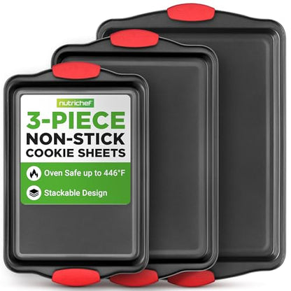 NutriChef 3-Piece Cookie Sheets for Baking, Non-Stick Baking Pans Set with Silicone Handles, Stackable Oven Trays in Small, Medium & Large Sizes for Professional and Everyday Use, 2026 Edition - size: 3-Piece Set 2026 Edition