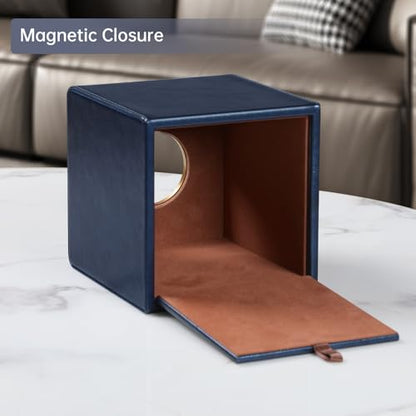Square Tissue Box Cover with Magnetic Closure, Navy Blue | Luxury PU Leather Tissue Holder with Gold Tone Metal Opening, Fits All Standard Cube Tissue Boxes - color: Navy Blue