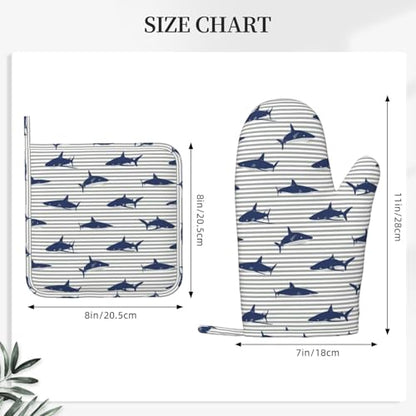 Sharks Oven Mitts and Pot Holders Sets Silicone Blue Shark Grey Stripes Kitchen Oven Mitts Hot Pads Heat Resistant Potholders Kitchen Mitts Set for Baking BBQ Cooking - color: Blue Grey