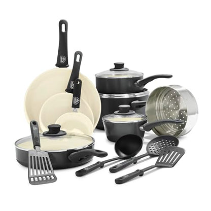 GreenLife 16 Piece Ceramic Nonstick Pots & Pans Cookware Set, Black & Cream | PFAS-Free Nonstick Coating, Stockpot, Frying Pans, Saucepans, Sauté Pan, Stay-Cool Handles, Dishwasher & Oven Safe up to 350F - color: Graphite Black, style: Soft Grip