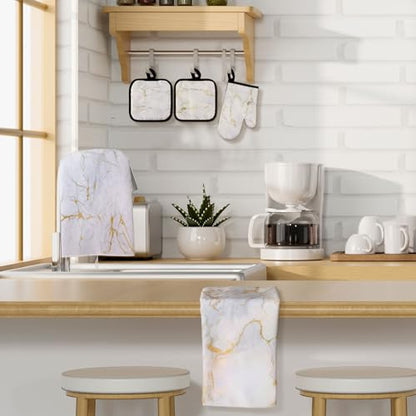 Sratte 6 Pcs Farmhouse Marble Kitchen Towels Pot Holders Oven Mitts Set 2 Dish Towels 2 Potholders 2 Cooking Mittens Oven Glove for Cooking Baking Grilling Supply (White, Gold) - color: White, Gold